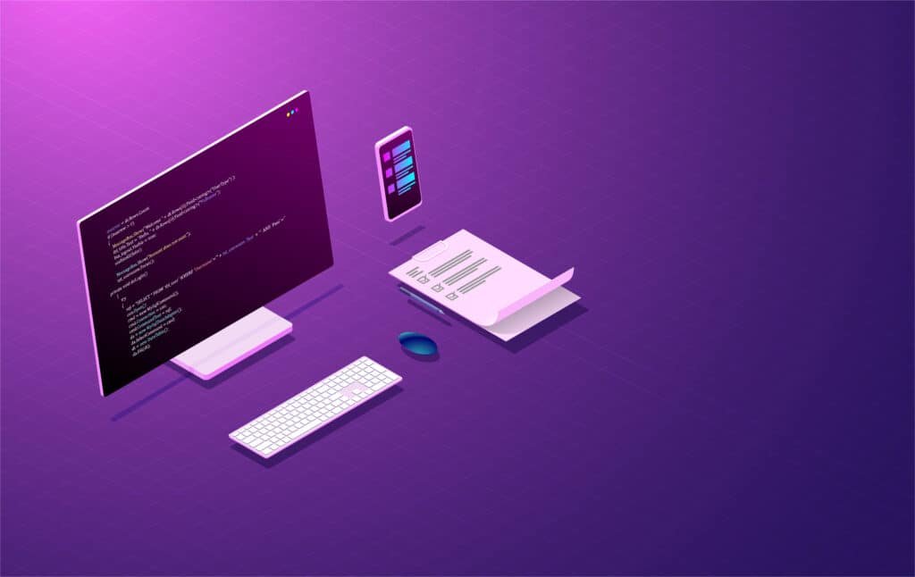 program development and coding mobile app design laptop with virtual interactive screens and mobile devices vector