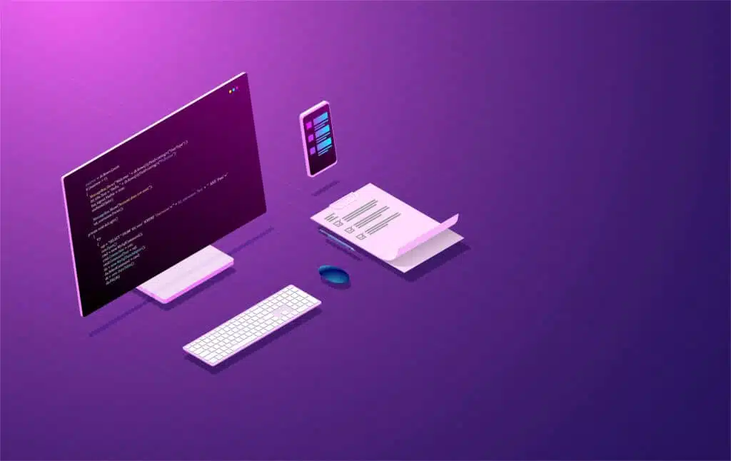 program development and coding mobile app design laptop with virtual interactive screens and mobile devices vector